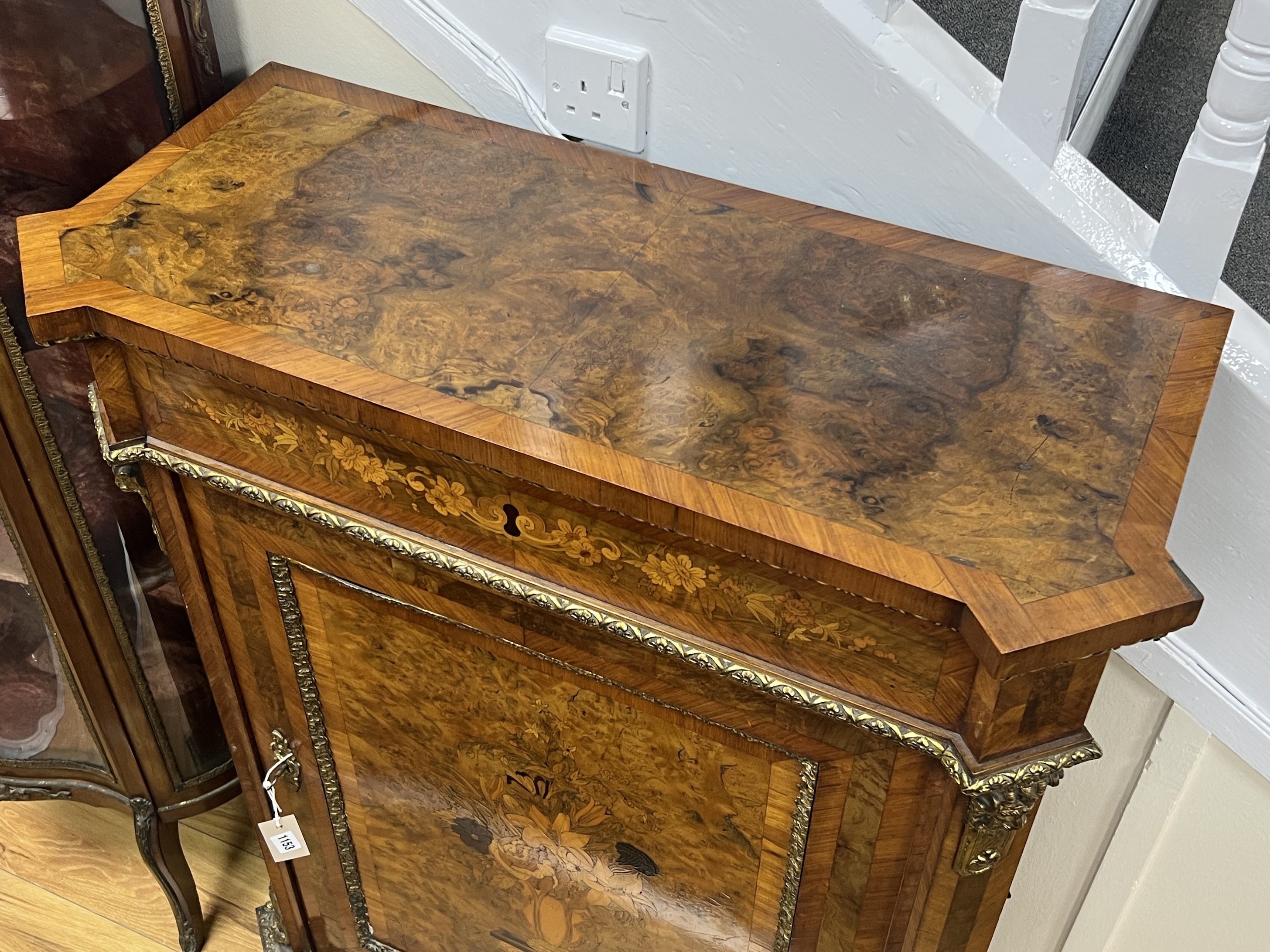 A 19th century marquetry inlaid kingwood banded burr walnut pier cabinet, width 85cm, depth 37cm, height 114cm
